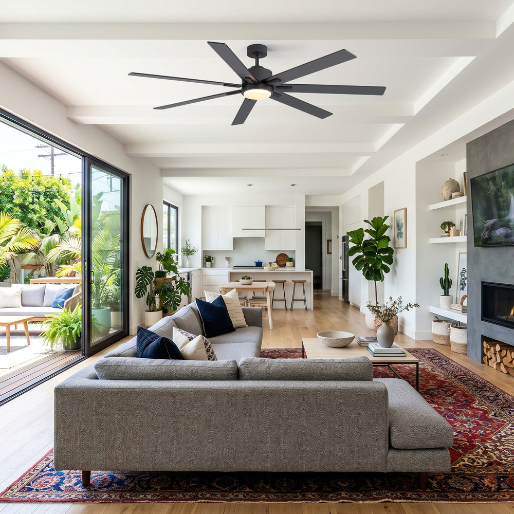 72 Inch Modern Ceiling Fan with Light, Quiet DC Motor, 7 Blades, Remote Control, 6 Speeds, Reversible, 3CCT Dimmable LED, Timer, Large Room, Black/Wood Grain