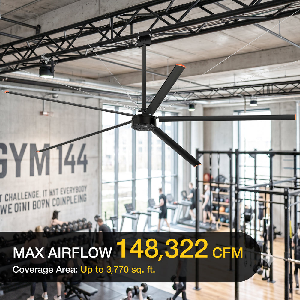 42005-BK HVLS fan published maximum airflow 148322 CFM and coverage up to 3770 square feet