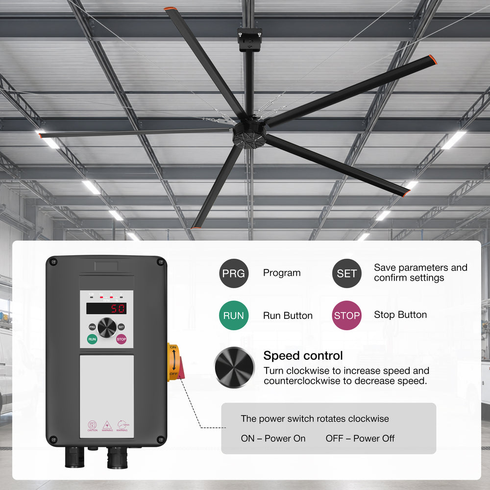 AeroVault HVLS industrial ceiling fan controller with run, stop, program, settings, and adjustable speed controls.