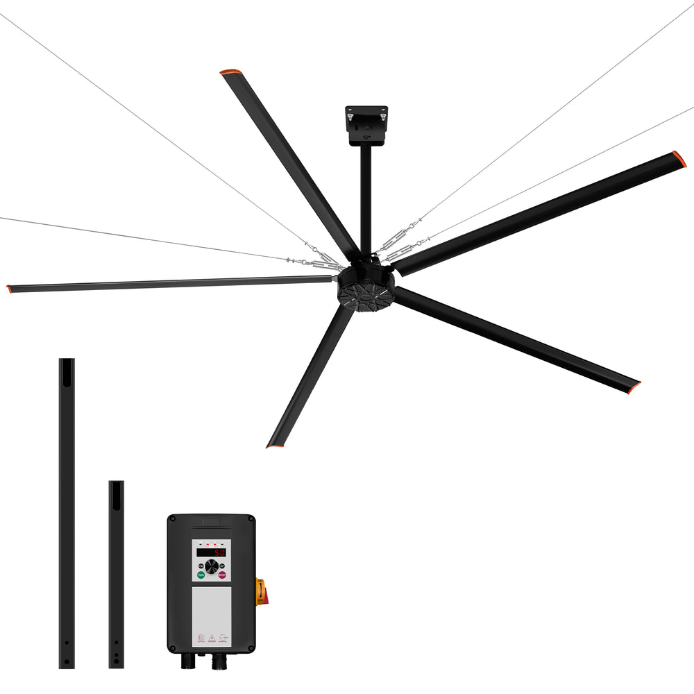 AeroVault 12 FT HVLS industrial ceiling fan with five aluminum blades, two downrod options, safety cables, and included speed controller.