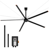 AeroVault 12 FT HVLS industrial ceiling fan with five aluminum blades, two downrod options, safety cables, and included speed controller.