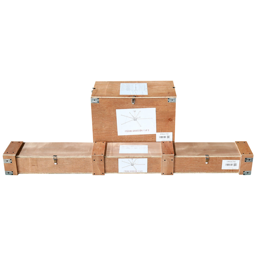 AeroVault 12 FT HVLS industrial ceiling fan packaged in protective wooden shipping crates for secure transport.