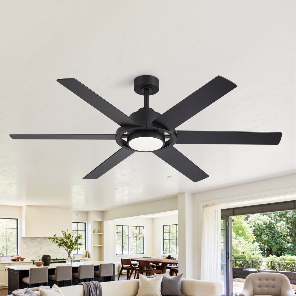 60 Inch Ceiling Fan with LED Light, Black 6 Blade Design, Reversible DC Motor, 6 Speeds, Remote Control, Dimmable 3 Color Light