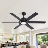 60 Inch Ceiling Fan with LED Light, Black 6 Blade Design, Reversible DC Motor, 6 Speeds, Remote Control, Dimmable 3 Color Light