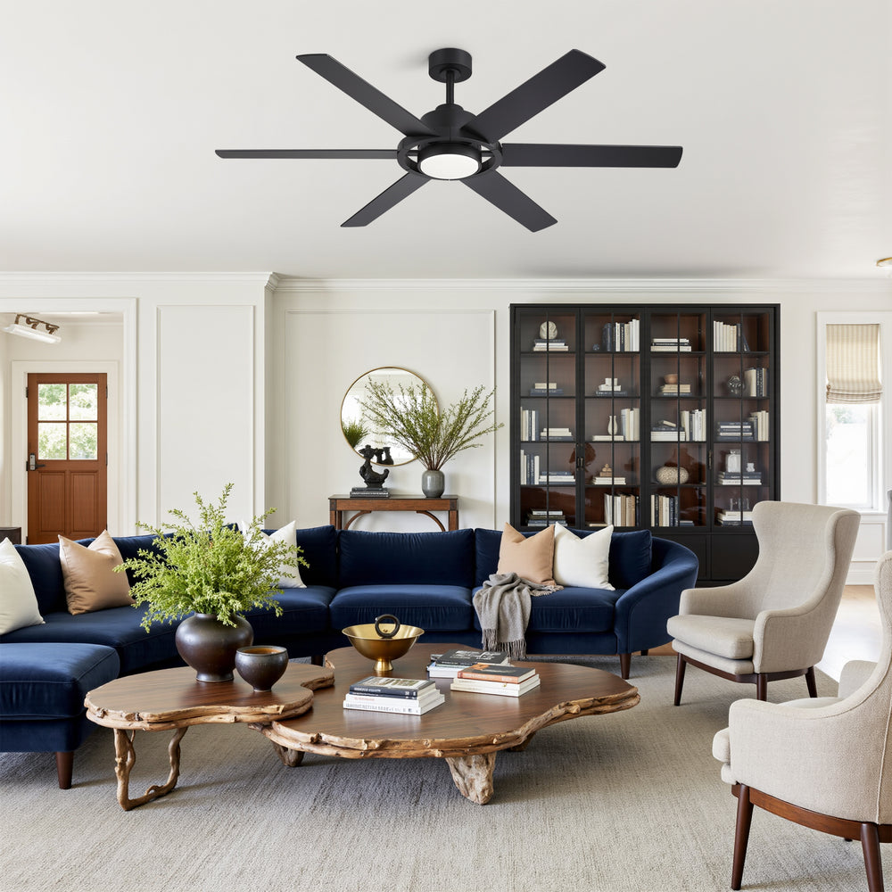 60 Inch Ceiling Fan with LED Light, Black 6 Blade Design, Reversible DC Motor, 6 Speeds, Remote Control, Dimmable 3 Color Light