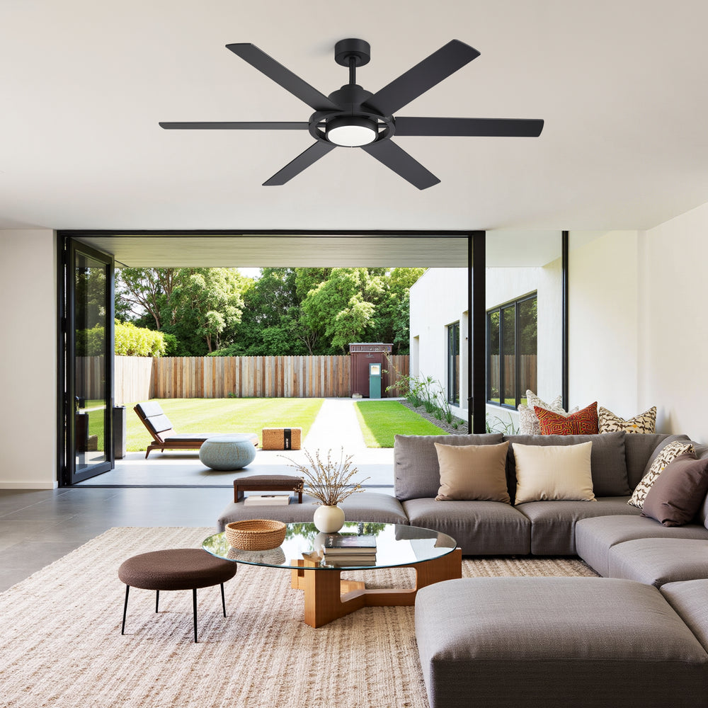 60 Inch Ceiling Fan with LED Light, Black 6 Blade Design, Reversible DC Motor, 6 Speeds, Remote Control, Dimmable 3 Color Light