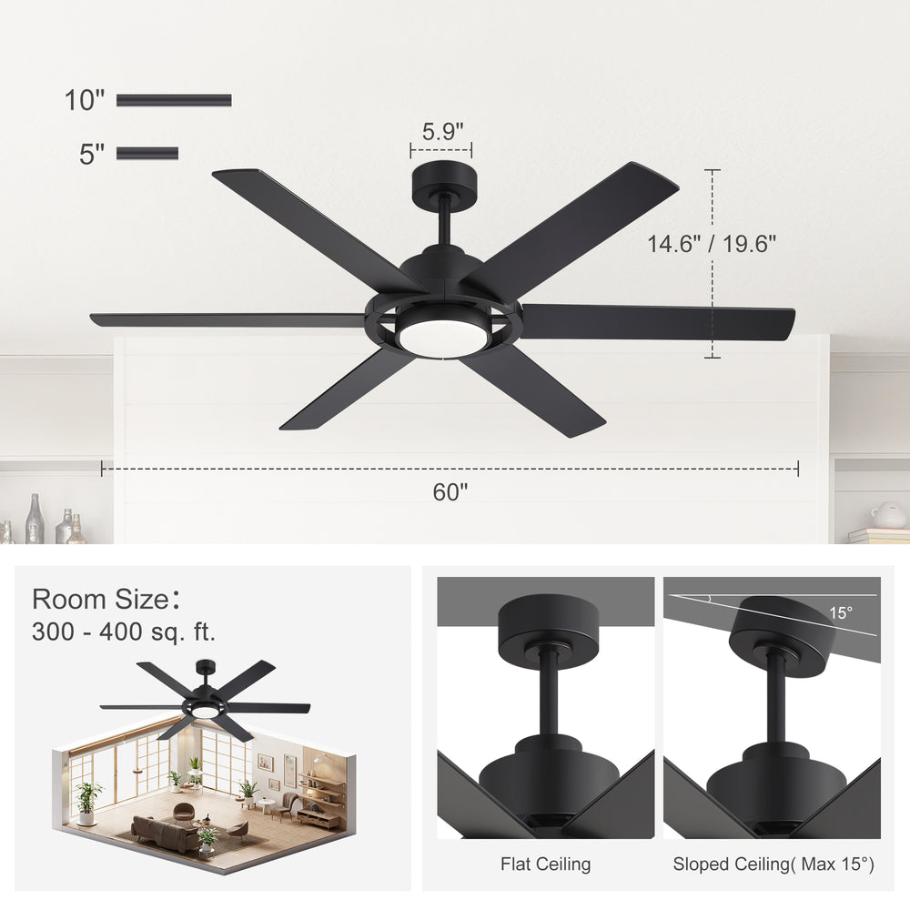 60 Inch Ceiling Fan with LED Light, Black 6 Blade Design, Reversible DC Motor, 6 Speeds, Remote Control, Dimmable 3 Color Light