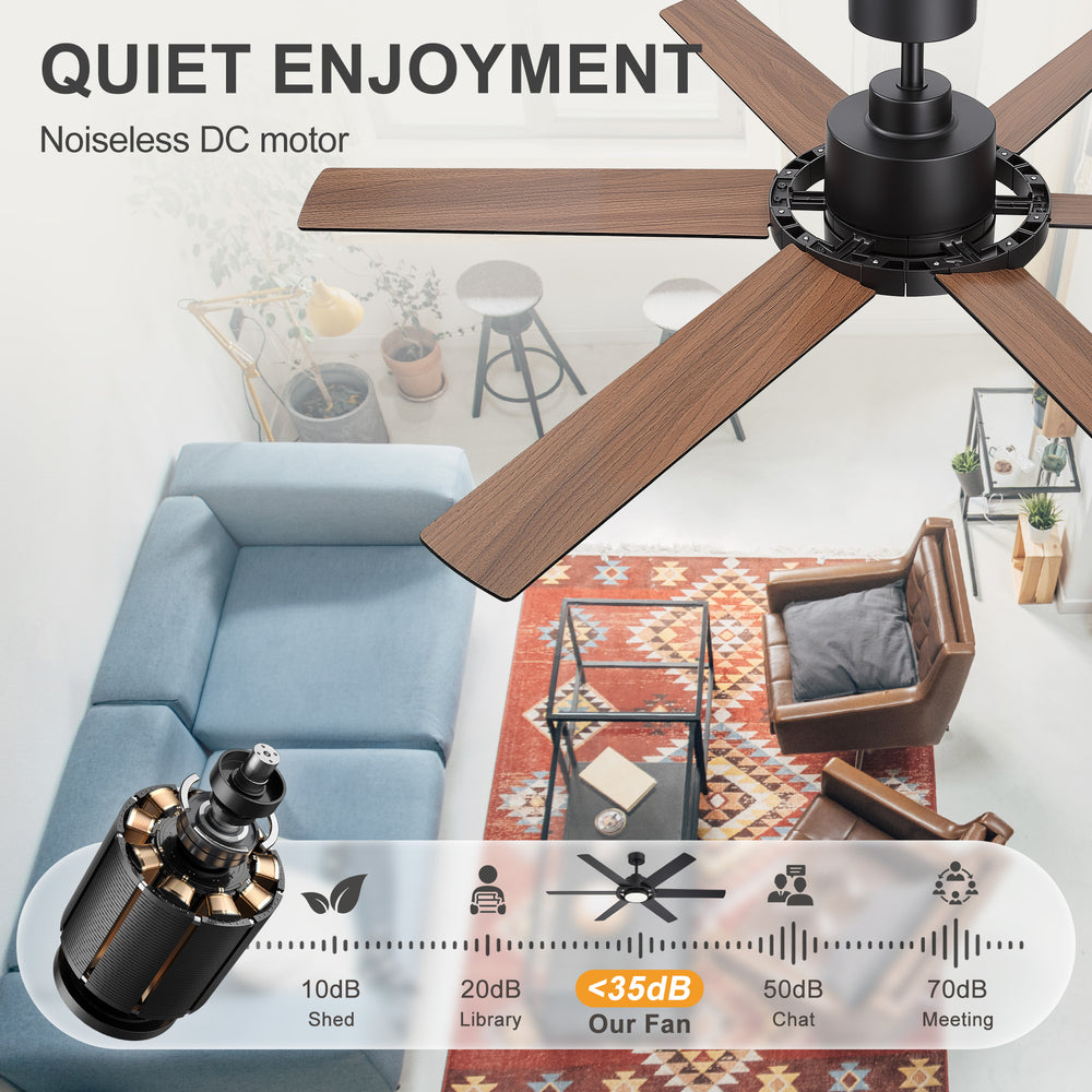 60 Inch Ceiling Fan with LED Light, Black 6 Blade Design, Reversible DC Motor, 6 Speeds, Remote Control, Dimmable 3 Color Light