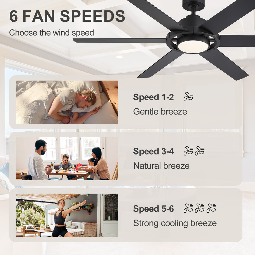 60 Inch Ceiling Fan with LED Light, Black 6 Blade Design, Reversible DC Motor, 6 Speeds, Remote Control, Dimmable 3 Color Light