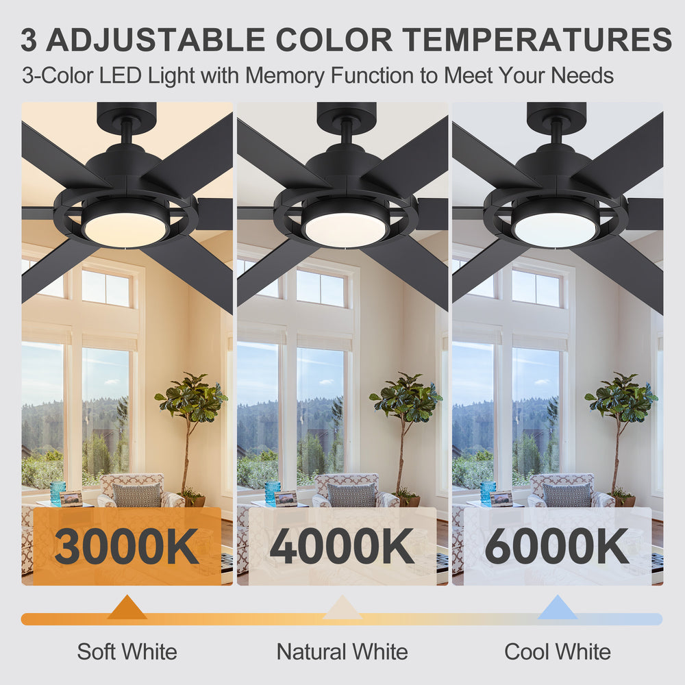 60 Inch Ceiling Fan with LED Light, Black 6 Blade Design, Reversible DC Motor, 6 Speeds, Remote Control, Dimmable 3 Color Light