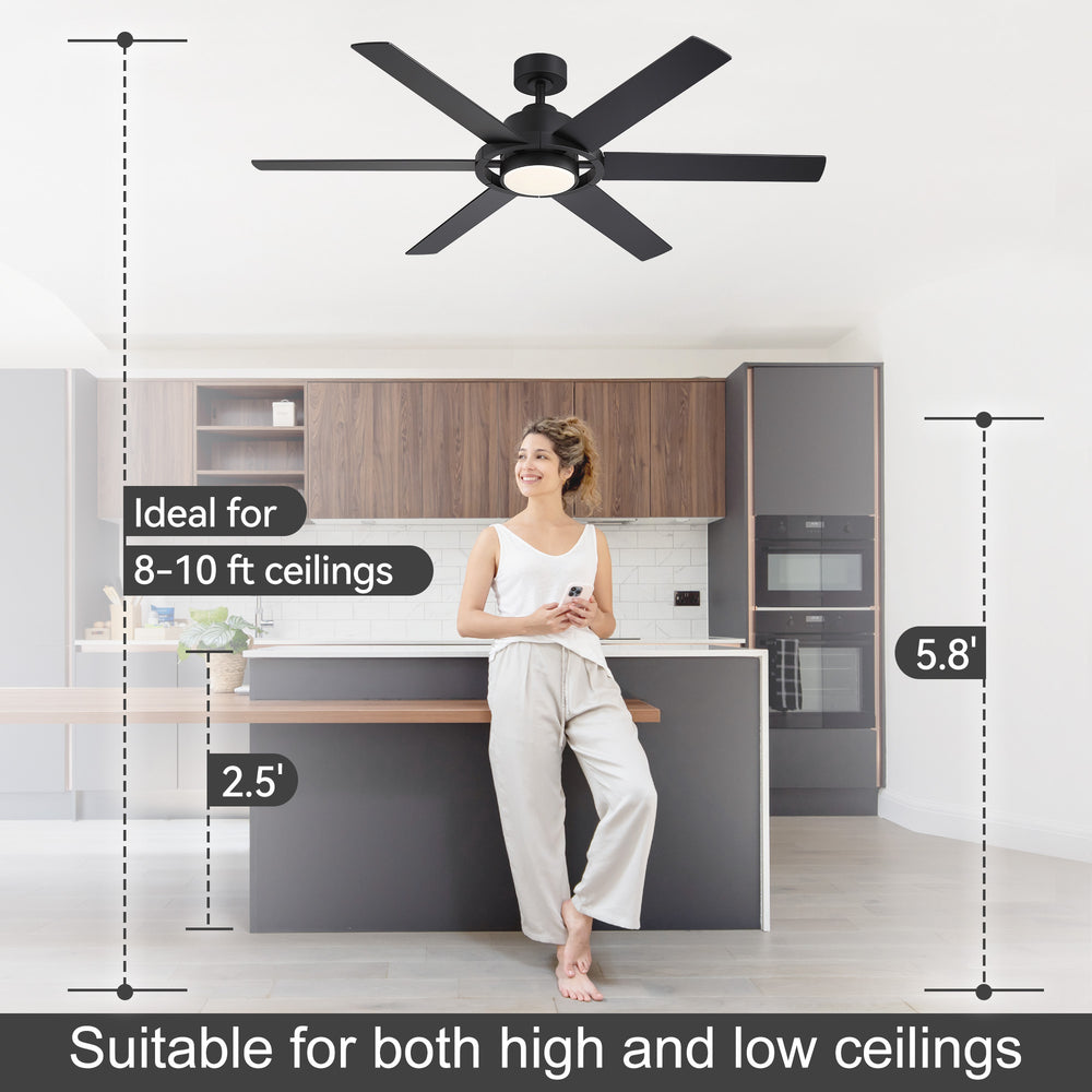 60 Inch Ceiling Fan with LED Light, Black 6 Blade Design, Reversible DC Motor, 6 Speeds, Remote Control, Dimmable 3 Color Light