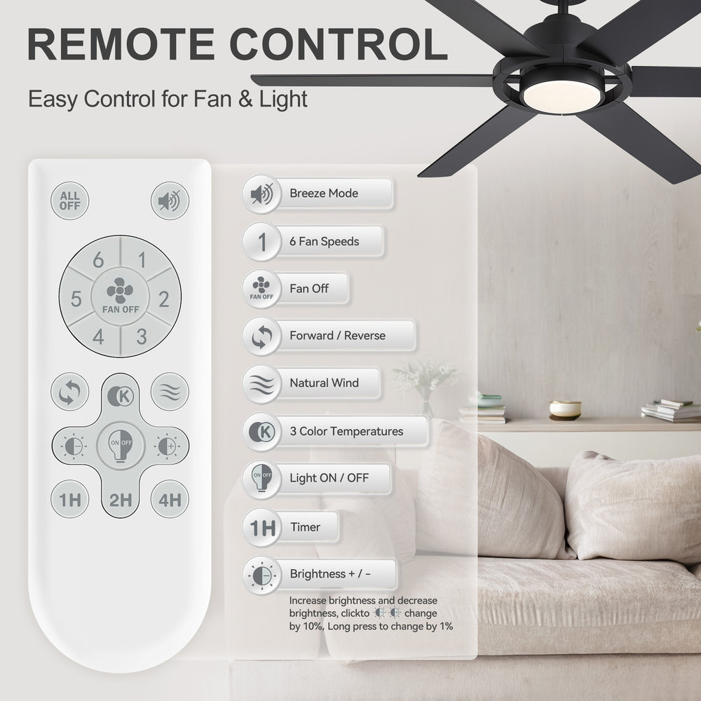 60 Inch Ceiling Fan with LED Light, Black 6 Blade Design, Reversible DC Motor, 6 Speeds, Remote Control, Dimmable 3 Color Light