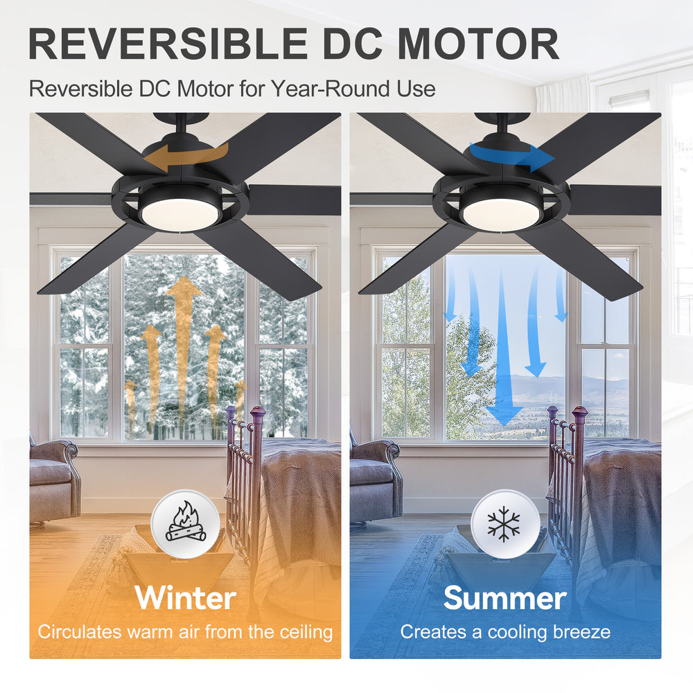 60 Inch Ceiling Fan with LED Light, Black 6 Blade Design, Reversible DC Motor, 6 Speeds, Remote Control, Dimmable 3 Color Light