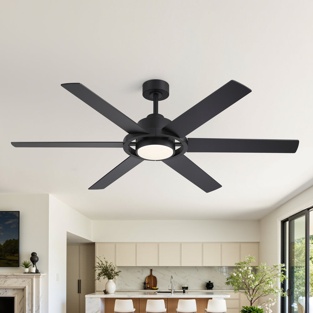 60 Inch Ceiling Fan with LED Light, Black 6 Blade Design, Reversible DC Motor, 6 Speeds, Remote Control, Dimmable 3 Color Light