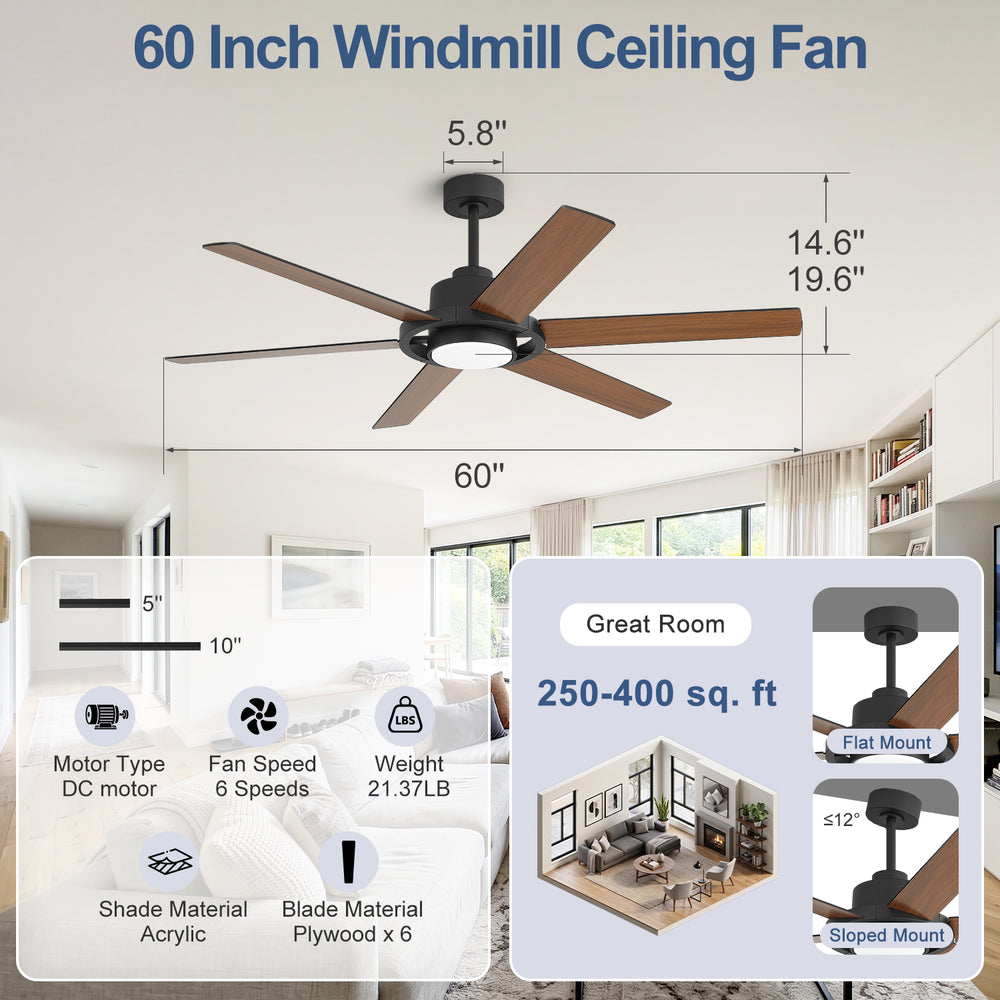 Magnara 60 Inch Black Ceiling Fan With Light and Remote