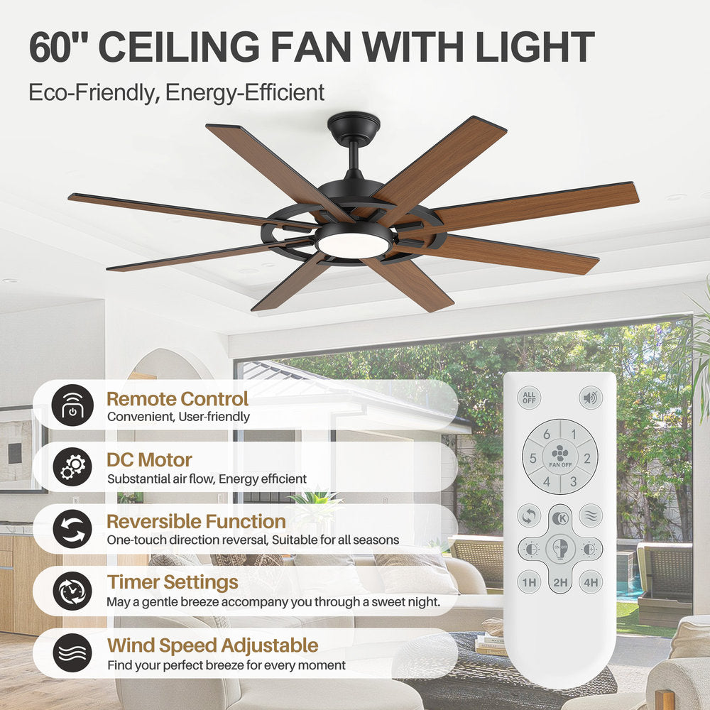 60 Inch 8-Blade Black Ceiling Fan with Light & Remote