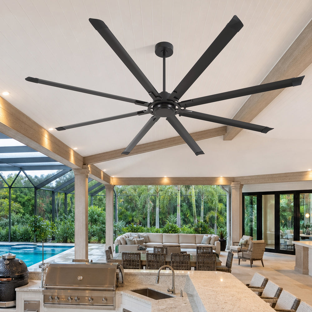 100" Industrial Ceiling Fan with 8 Aluminum Blades, PMSM DC Motor, Remote Control, Reversible, For Garage, Barn, Warehouse
