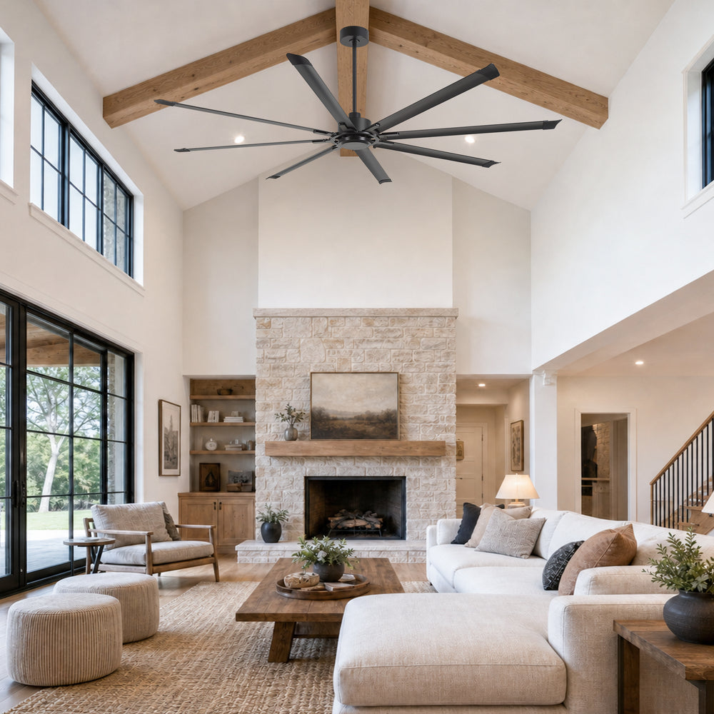 100" Industrial Ceiling Fan with 8 Aluminum Blades, PMSM DC Motor, Remote Control, Reversible, For Garage, Barn, Warehouse