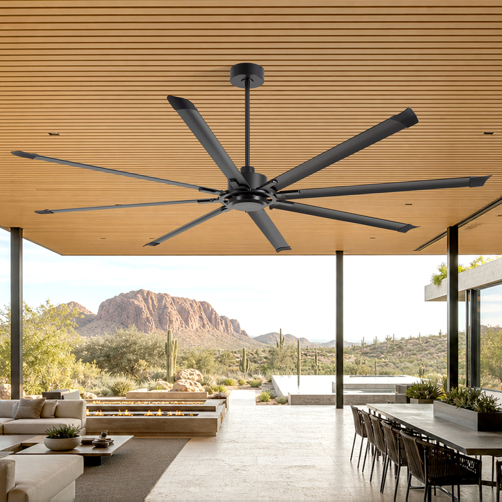 100" Industrial Ceiling Fan with 8 Aluminum Blades, PMSM DC Motor, Remote Control, Reversible, For Garage, Barn, Warehouse