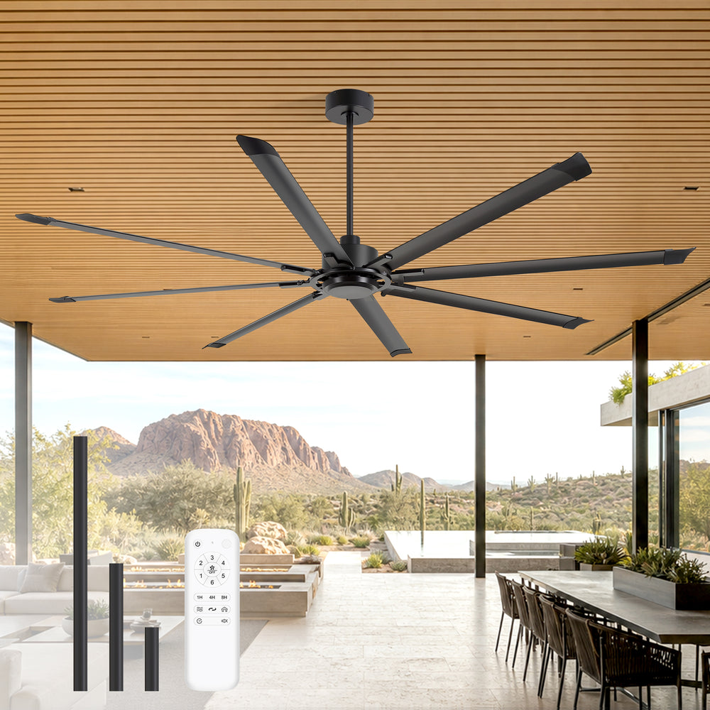 100" Industrial Ceiling Fan with 8 Aluminum Blades, PMSM DC Motor, Remote Control, Reversible, For Garage, Barn, Warehouse