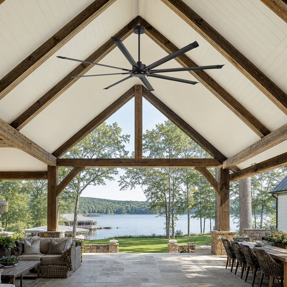 100" Industrial Ceiling Fan with 8 Aluminum Blades, PMSM DC Motor, Remote Control, Reversible, For Garage, Barn, Warehouse