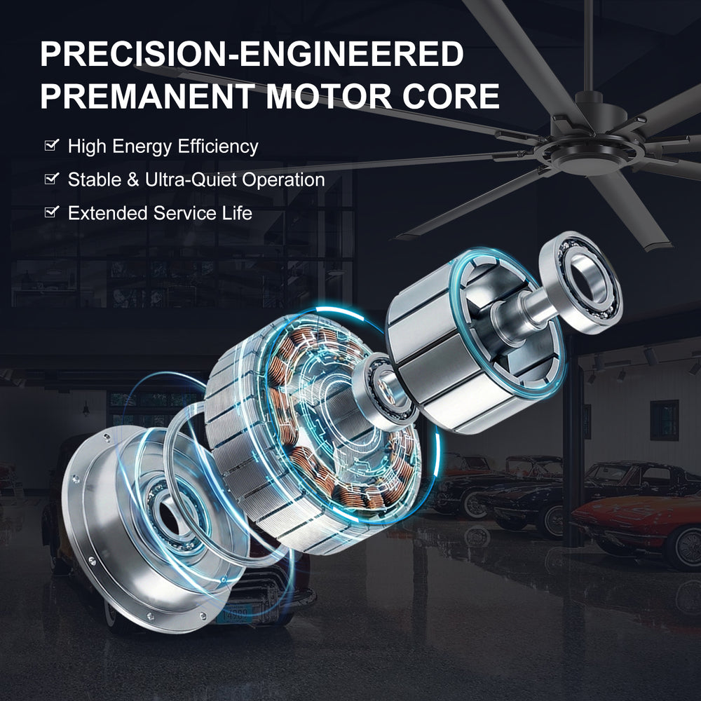 100" Industrial Ceiling Fan with 8 Aluminum Blades, PMSM DC Motor, Remote Control, Reversible, For Garage, Barn, Warehouse