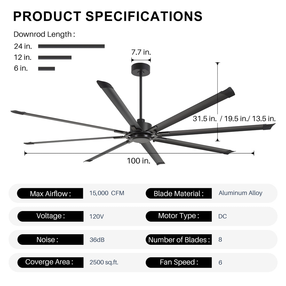 100" Industrial Ceiling Fan with 8 Aluminum Blades, PMSM DC Motor, Remote Control, Reversible, For Garage, Barn, Warehouse
