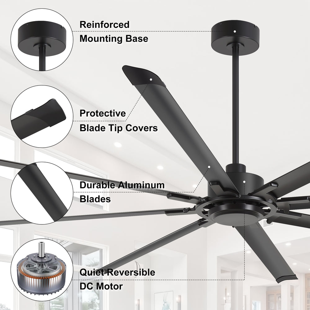 100" Industrial Ceiling Fan with 8 Aluminum Blades, PMSM DC Motor, Remote Control, Reversible, For Garage, Barn, Warehouse
