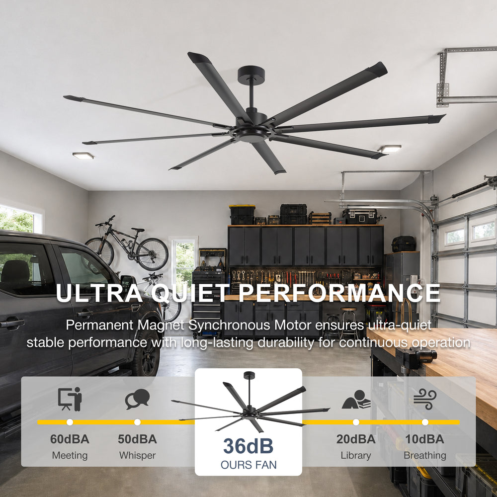 100" Industrial Ceiling Fan with 8 Aluminum Blades, PMSM DC Motor, Remote Control, Reversible, For Garage, Barn, Warehouse