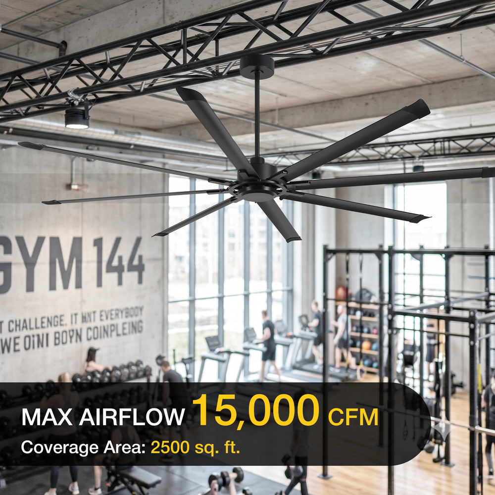100" Industrial Ceiling Fan with 8 Aluminum Blades, PMSM DC Motor, Remote Control, Reversible, For Garage, Barn, Warehouse