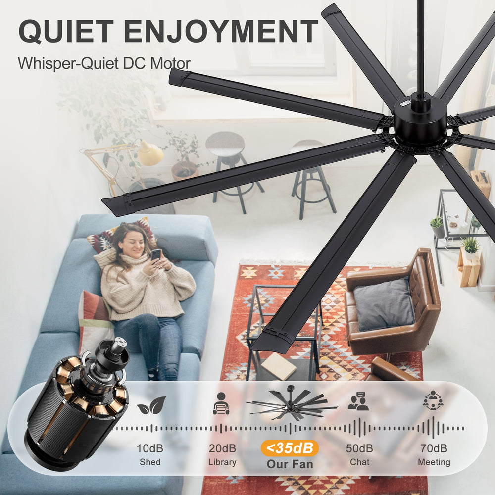 100" Industrial Ceiling Fan with 8 Aluminum Blades, PMSM DC Motor, Remote Control, Reversible, For Garage, Barn, Warehouse