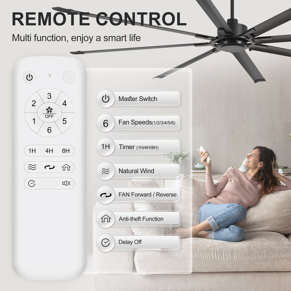 100" Industrial Ceiling Fan with 8 Aluminum Blades, PMSM DC Motor, Remote Control, Reversible, For Garage, Barn, Warehouse