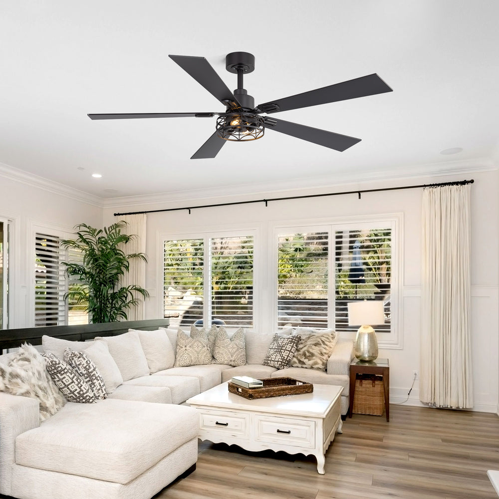42/52-inch Ceiling Fan with Distressed White or Matte Black Finish, 5 Reversible Blades, Quiet DC Motor, Remote Control