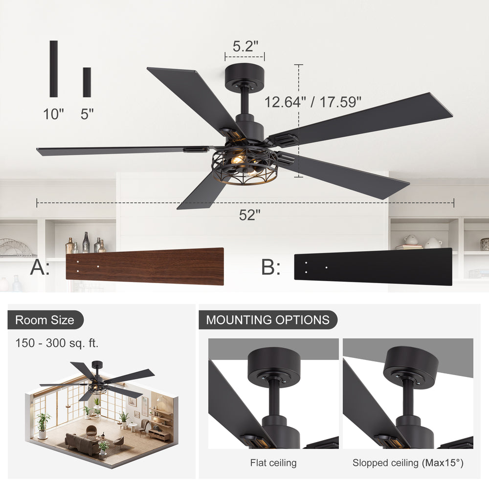 42/52-inch Ceiling Fan with Distressed White or Matte Black Finish, 5 Reversible Blades, Quiet DC Motor, Remote Control