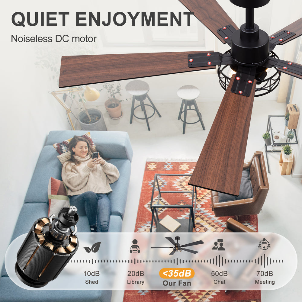 42/52-inch Ceiling Fan with Distressed White or Matte Black Finish, 5 Reversible Blades, Quiet DC Motor, Remote Control