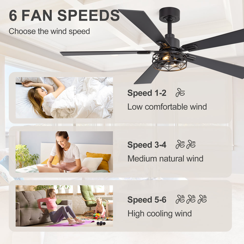 42/52-inch Ceiling Fan with Distressed White or Matte Black Finish, 5 Reversible Blades, Quiet DC Motor, Remote Control