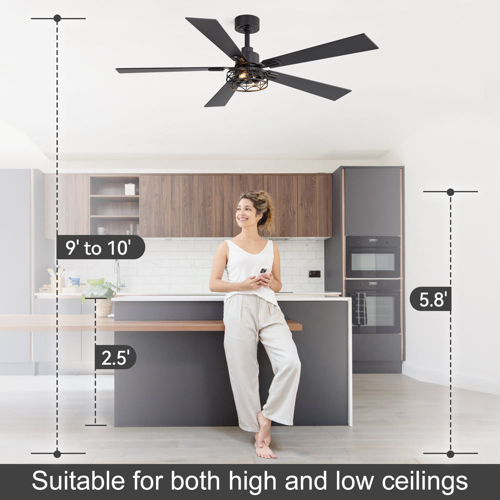 42/52-inch Ceiling Fan with Distressed White or Matte Black Finish, 5 Reversible Blades, Quiet DC Motor, Remote Control