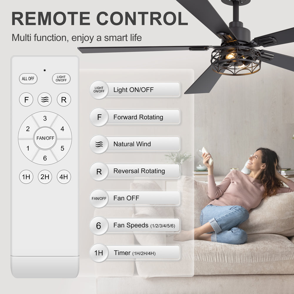 42/52-inch Ceiling Fan with Distressed White or Matte Black Finish, 5 Reversible Blades, Quiet DC Motor, Remote Control
