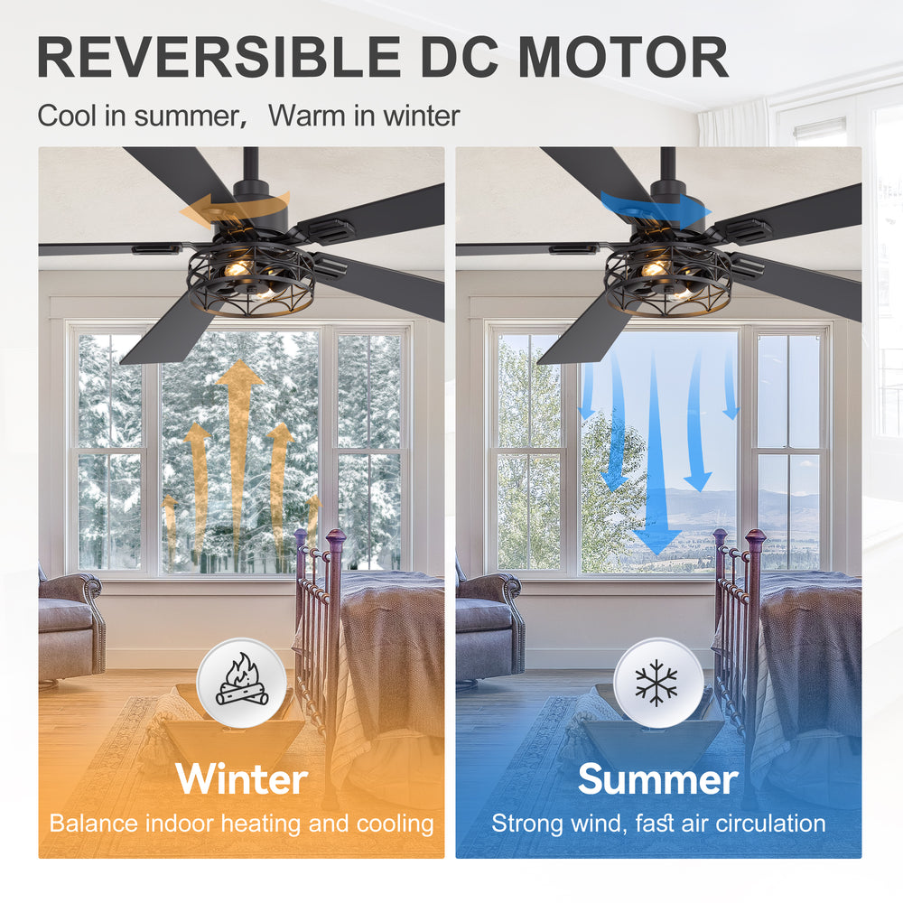 42/52-inch Ceiling Fan with Distressed White or Matte Black Finish, 5 Reversible Blades, Quiet DC Motor, Remote Control