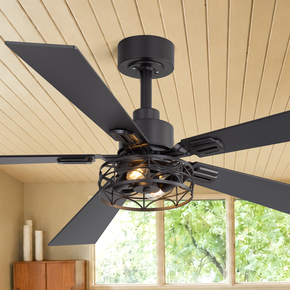 42/52-inch Ceiling Fan with Distressed White or Matte Black Finish, 5 Reversible Blades, Quiet DC Motor, Remote Control