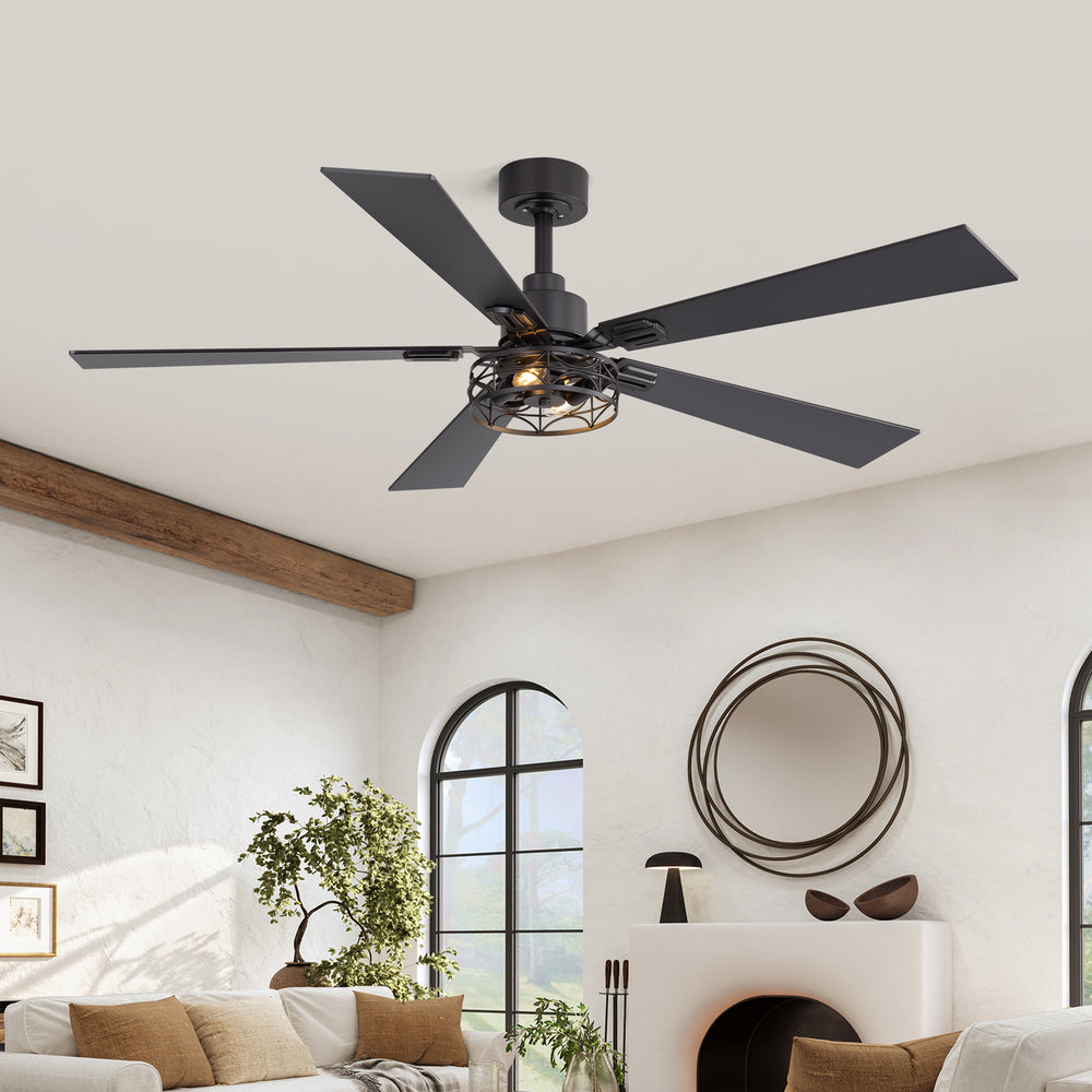 42/52-inch Ceiling Fan with Distressed White or Matte Black Finish, 5 Reversible Blades, Quiet DC Motor, Remote Control