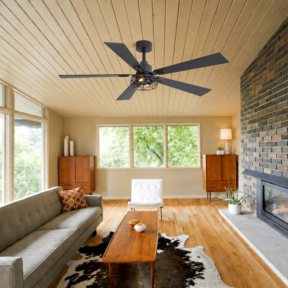 42/52-inch Ceiling Fan with Distressed White or Matte Black Finish, 5 Reversible Blades, Quiet DC Motor, Remote Control