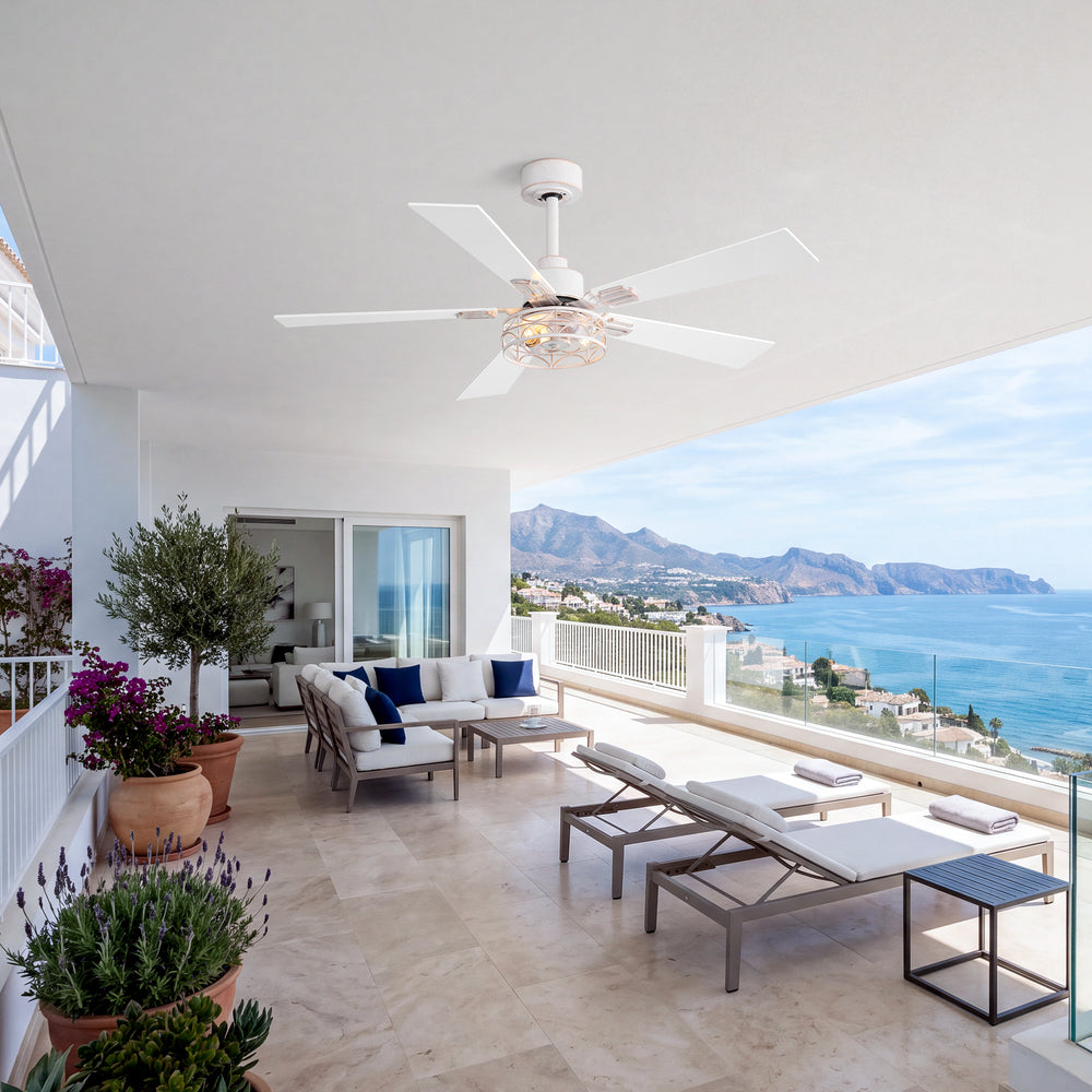 42/52-inch Ceiling Fan with Distressed White or Matte Black Finish, 5 Reversible Blades, Quiet DC Motor, Remote Control