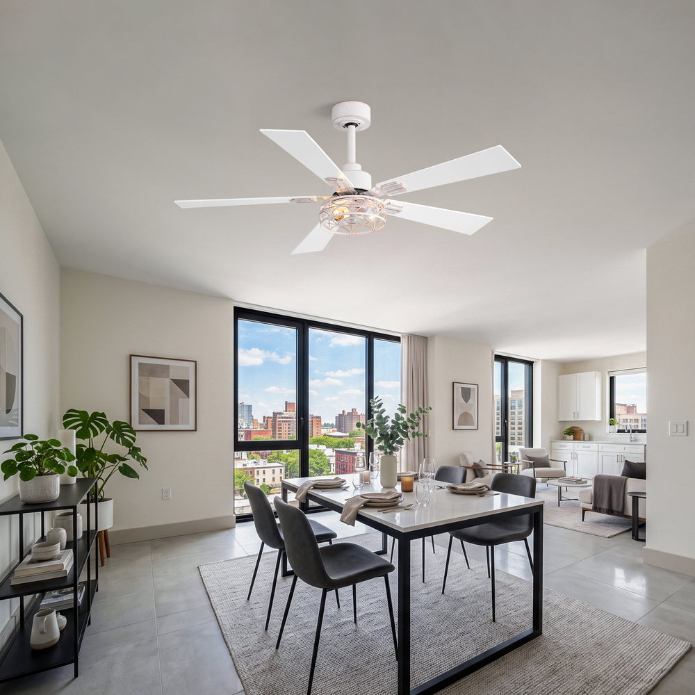42/52-inch Ceiling Fan with Distressed White or Matte Black Finish, 5 Reversible Blades, Quiet DC Motor, Remote Control