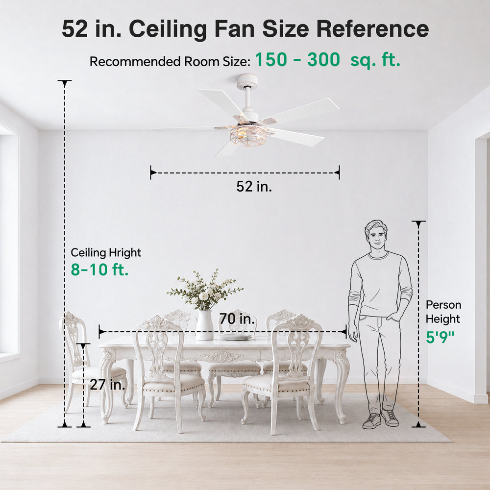 42/52-inch Ceiling Fan with Distressed White or Matte Black Finish, 5 Reversible Blades, Quiet DC Motor, Remote Control