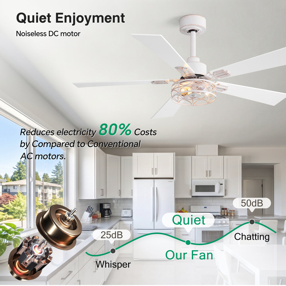 42/52-inch Ceiling Fan with Distressed White or Matte Black Finish, 5 Reversible Blades, Quiet DC Motor, Remote Control