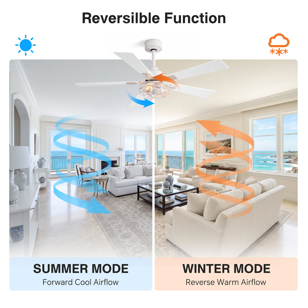 42/52-inch Ceiling Fan with Distressed White or Matte Black Finish, 5 Reversible Blades, Quiet DC Motor, Remote Control