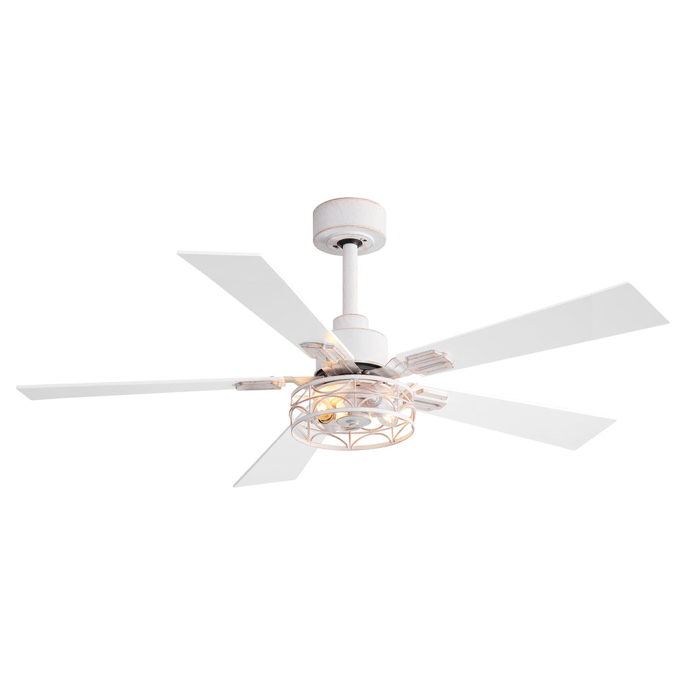 42/52-inch Ceiling Fan with Distressed White or Matte Black Finish, 5 Reversible Blades, Quiet DC Motor, Remote Control