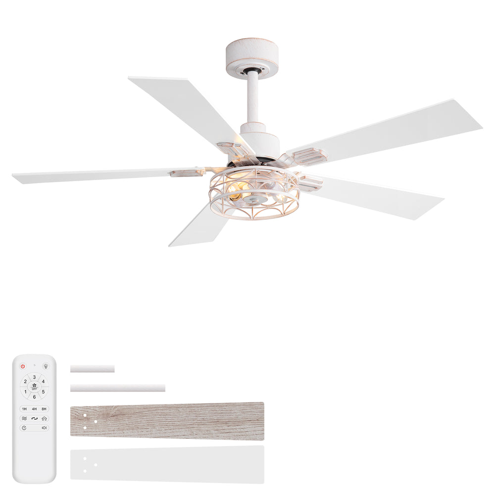 42/52-inch Ceiling Fan with Distressed White or Matte Black Finish, 5 Reversible Blades, Quiet DC Motor, Remote Control