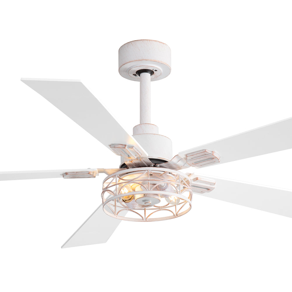 42/52-inch Ceiling Fan with Distressed White or Matte Black Finish, 5 Reversible Blades, Quiet DC Motor, Remote Control
